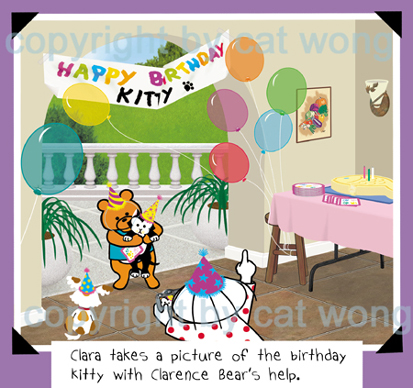 Clarence Bear holding Kitty up for a birthday picture