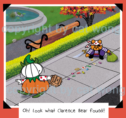Clarence Bear picking up Clara's trick-or-treat goodies
