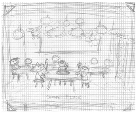 Rough pencil sketch of "Lantern Festival" drawing.