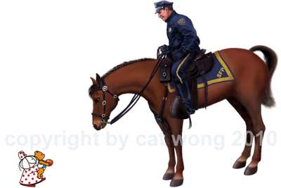 Clara and Clarence Bear are
                                  sharing an apple with a police horse.