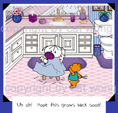 Clarence Bear giving Clara a haircut