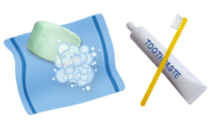 Towel, soap, toothbrush and toothpaste