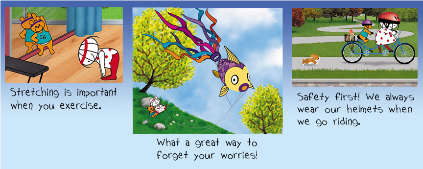 Clara and Clarence Bear stretching, flying a kite, and riding a tandem bike.